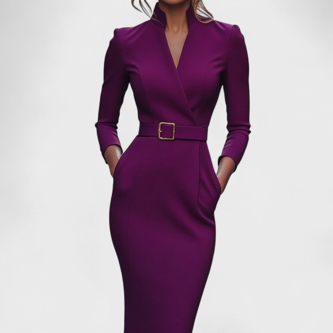 Mandarín - Vestido negro refinado con cinturón y cuello