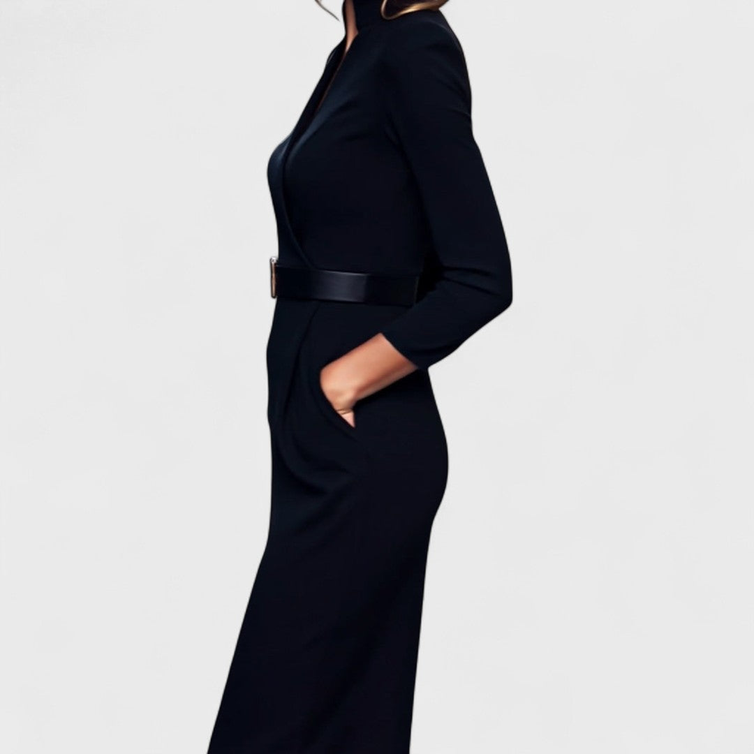 Mandarín - Vestido negro refinado con cinturón y cuello