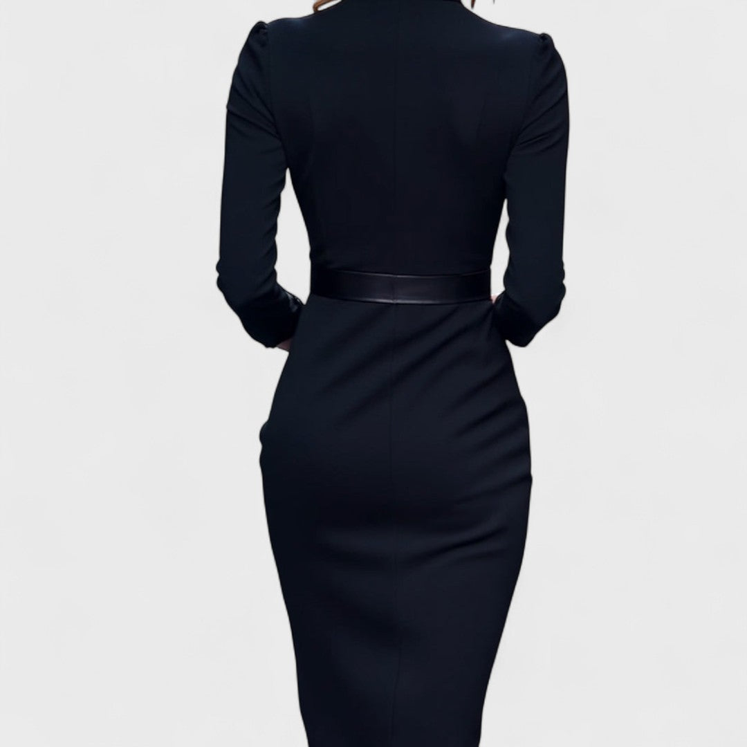 Mandarín - Vestido negro refinado con cinturón y cuello