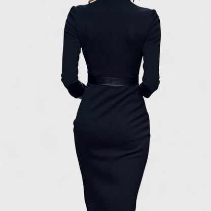 Mandarín - Vestido negro refinado con cinturón y cuello